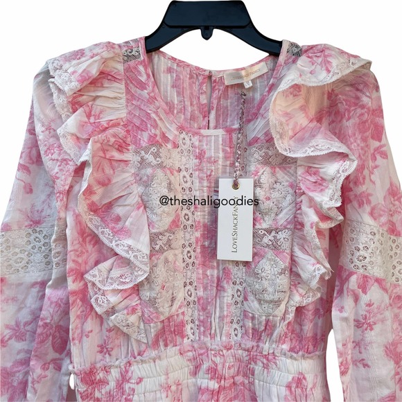 LOVESHACKFANCY Santorini Dress Floral Lace Ruffle Pink White - Picture 7 of 10